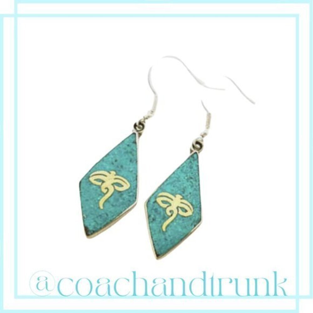 Turquoise Inlaid Gold Eye of Buddha/Wisdom Eye Drop Handcrafted Earrings